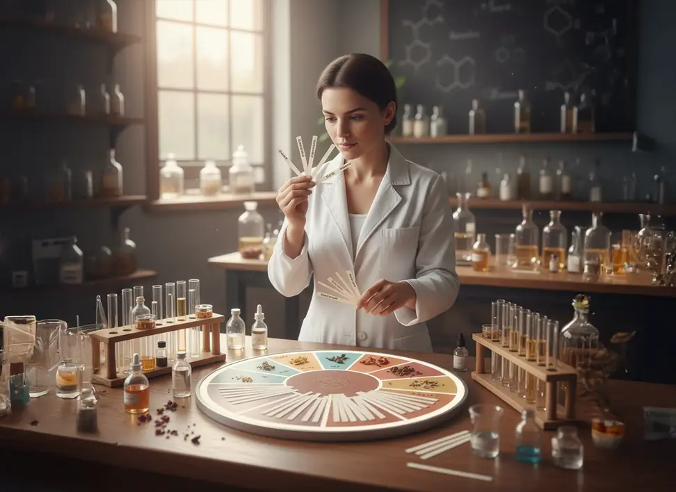 A perfumer in a white lab coat carefully mixes ingredients with a dropper in a beaker, surrounded by bottles of essential oils and scent strips on a wooden workbench.