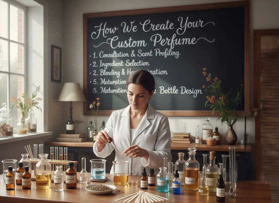 A person is making special perfume in a room full of bottles and science tools.
