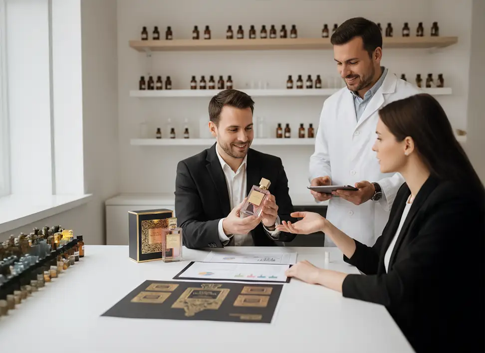 Client inspecting and approving the final perfume sample prior to bulk production