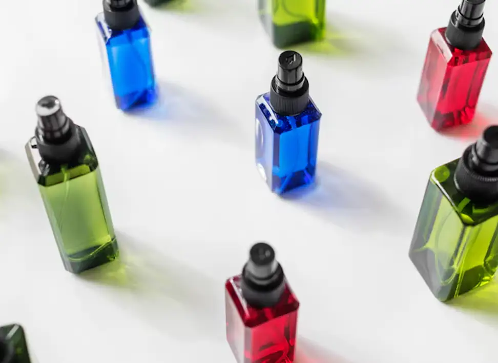 Collection of multicolored perfumes highlighting Dubai as a global hub for perfume production.