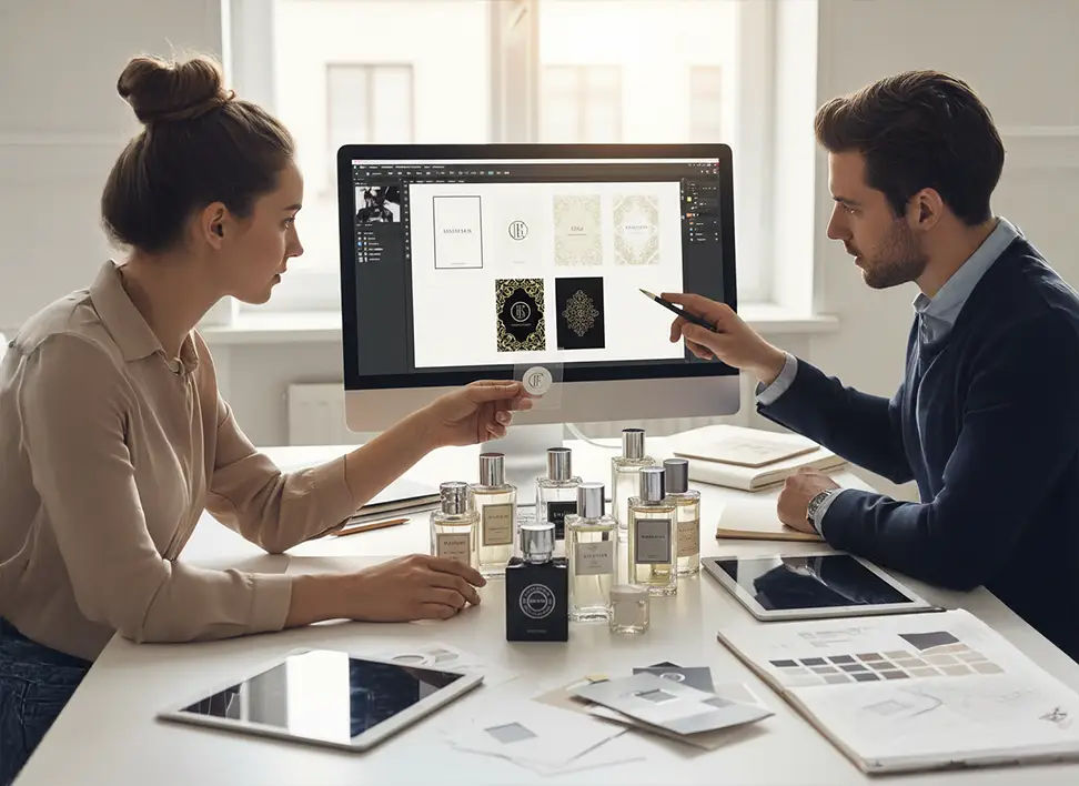 Designers collaborating on bespoke perfume label designs matching product style and packaging finishes