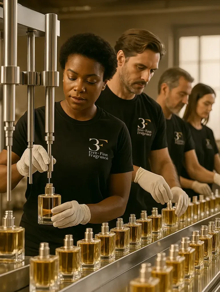 Experts at 3F Perfumes carefully filling bottles, showcasing our commitment to quality perfume manufacturing in the UAE