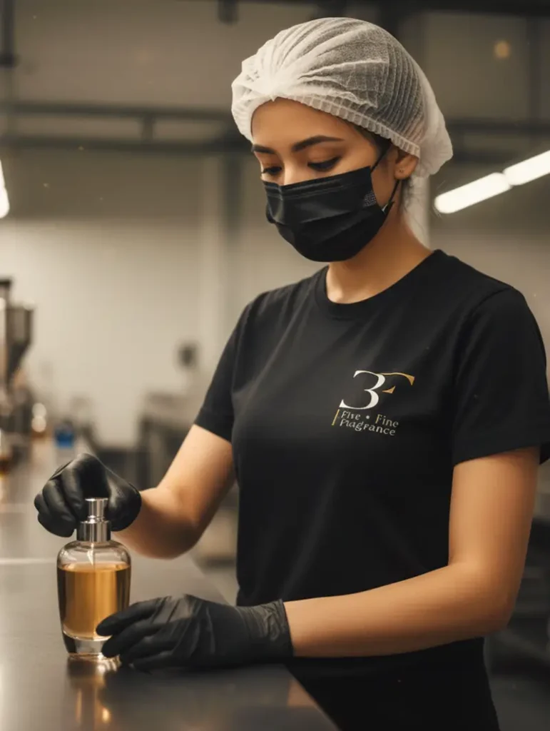 Factory employee placing caps on perfume bottles, highlighting 3F Perfumes’ expertise and innovation in perfume manufacturing in the UAE.