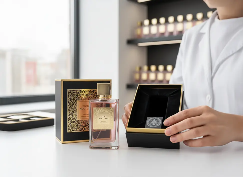 Final perfume sample presented with complete packaging and branding, ready for client approval