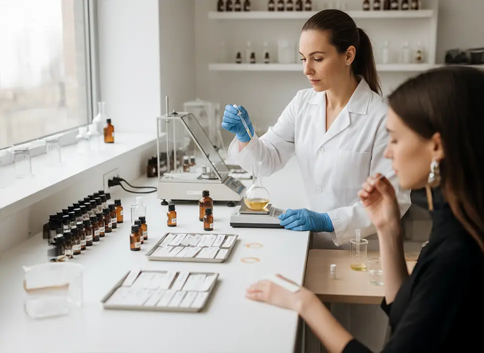 Perfume professional preparing an initial fragrance sample for client testing and review