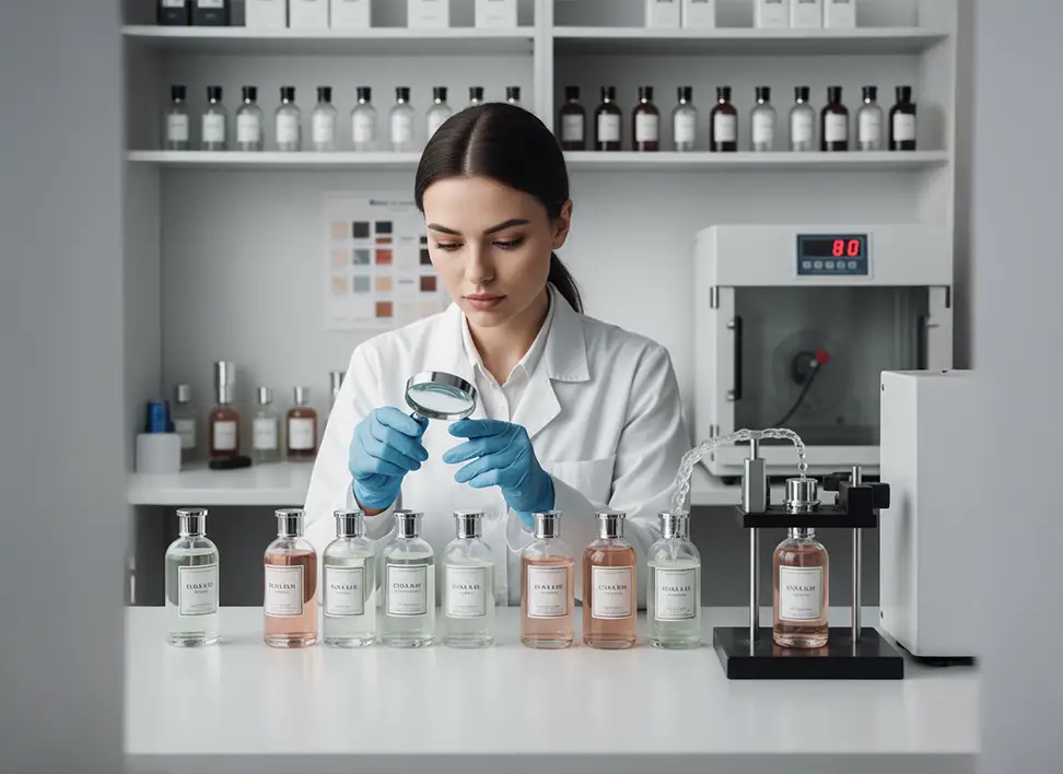 Person inspecting perfume bottle labels to verify color accuracy, adhesion, and durability for quality assurance