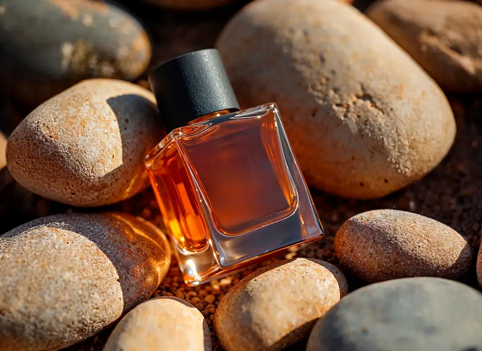 Plain glass perfume bottle with black cap, filled with fragrance, representing our diverse client partnerships.