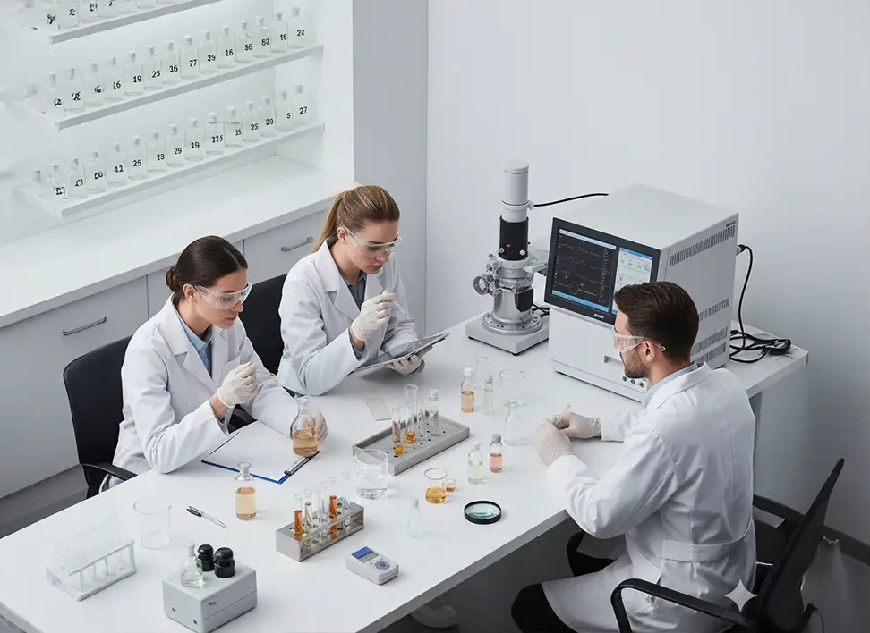 Quality control team testing perfume samples, underscoring the need for rigorous product evaluation.