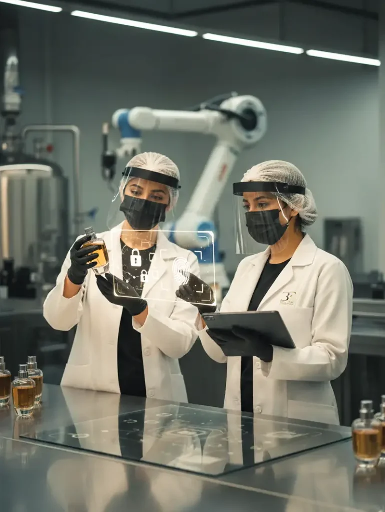 Two professionals holding perfume bottles, symbolizing trusted privacy and secure handling of proprietary fragrance creations at 3F Perfumes UAE.