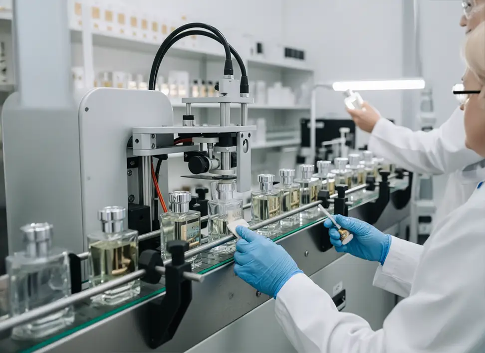 Workers ensuring accurate label placement on bottles for consistent, professional finishing