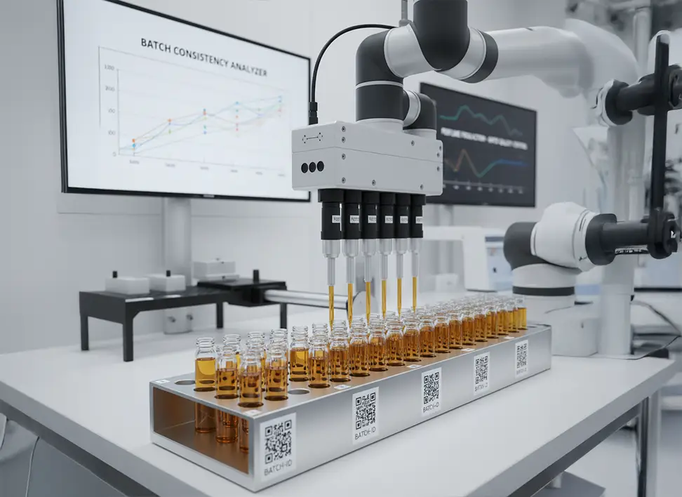 performing batch consistency checks in perfume manufacturing laboratory.